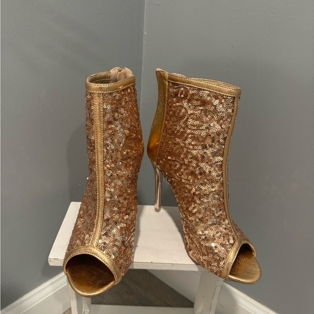 Gold sequin peep toe ankle boots